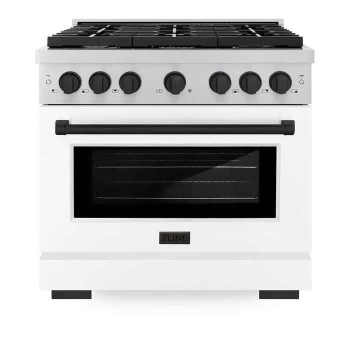 ZLINE Autograph Package - 36 In. Gas Range and Range Hood with White Matte Door and Matte Black Accents, 2AKP-RGWMRH36-MB