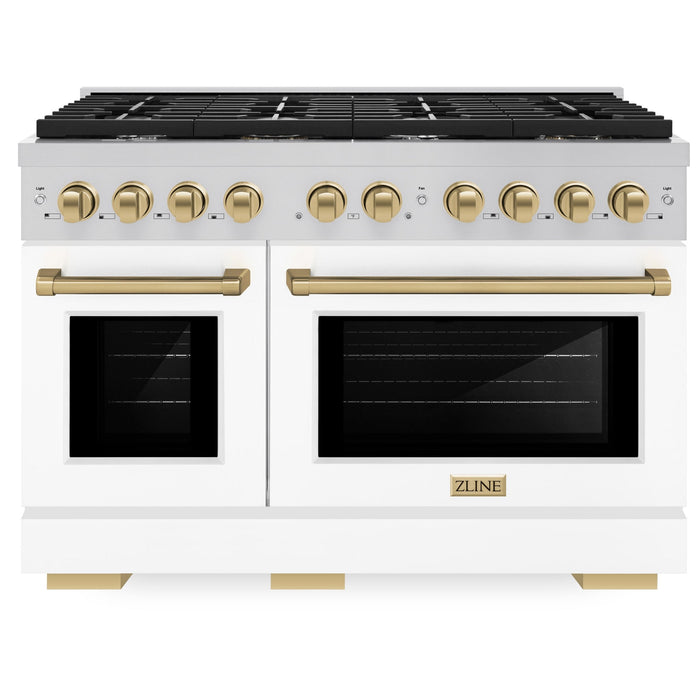 ZLINE Autograph 48" 6.7 cu. ft. Paramount Double Oven Gas Range in Stainless Steel with White Matte Doors and Bronze Accents, SGRZ-WM-48-CB