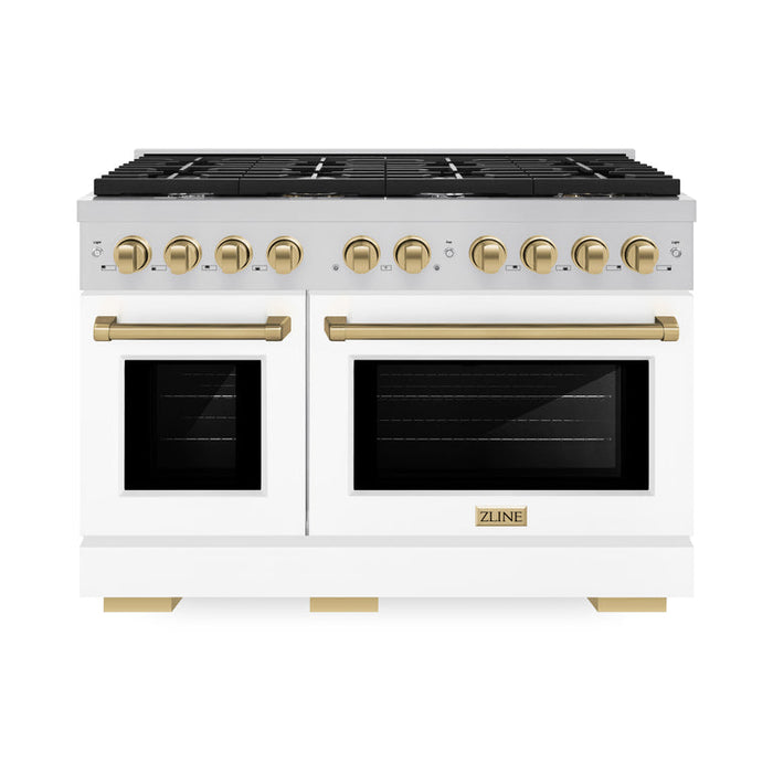 ZLINE Autograph Package - 48 In. Gas Range, Range Hood, Refrigerator, Dishwasher with Champagne Bronze Accents, 4KAPR-RGWMRHDWM48-CB