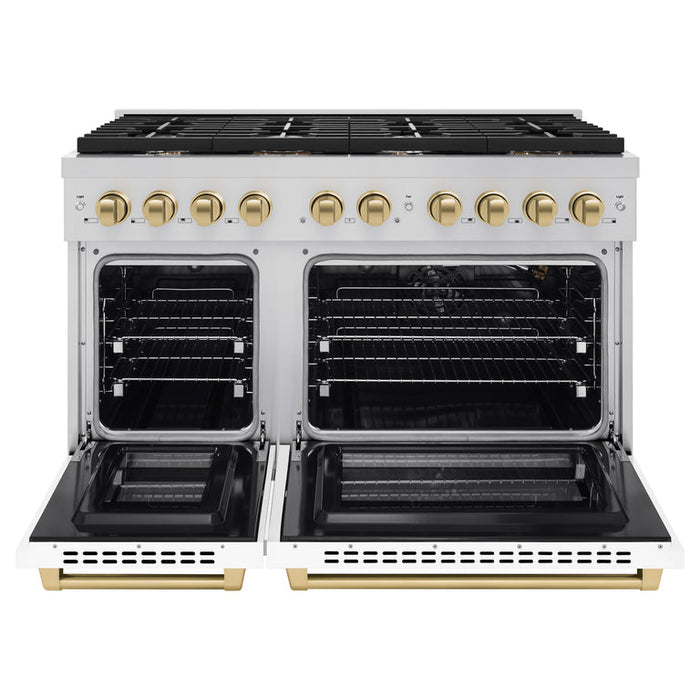 ZLINE Autograph Package - 48 In. Gas Range, Range Hood, Refrigerator with Water and Ice Dispenser, Dishwasher in Stainless Steel with Champagne Bronze Accents, 4AKPR-RGWMRHDWM48-CB