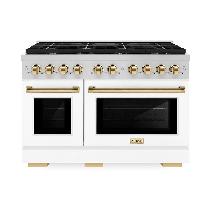 ZLINE Autograph Package - 48 In. Gas Range and Range Hood in Stainless Steel with White Matte Door and Gold Accents, 2AKPR-RGWMRH48-G