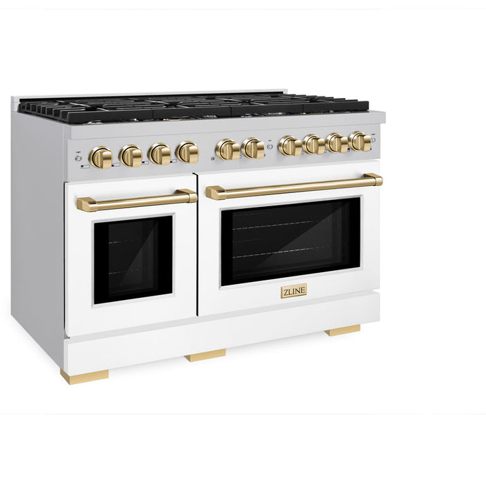 ZLINE Autograph Package - 48 In. Gas Range, Range Hood and Dishwasher in with White Matte Door and Gold Accents, 3AKPR-RGSWMRHDWM48-G