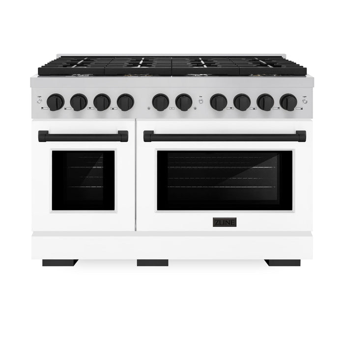 ZLINE Autograph 48" 6.7 cu. ft. Paramount Double Oven Gas Range in Stainless Steel with White Matte Doors and Matte Black Accents, SGRZ-WM-48-MB