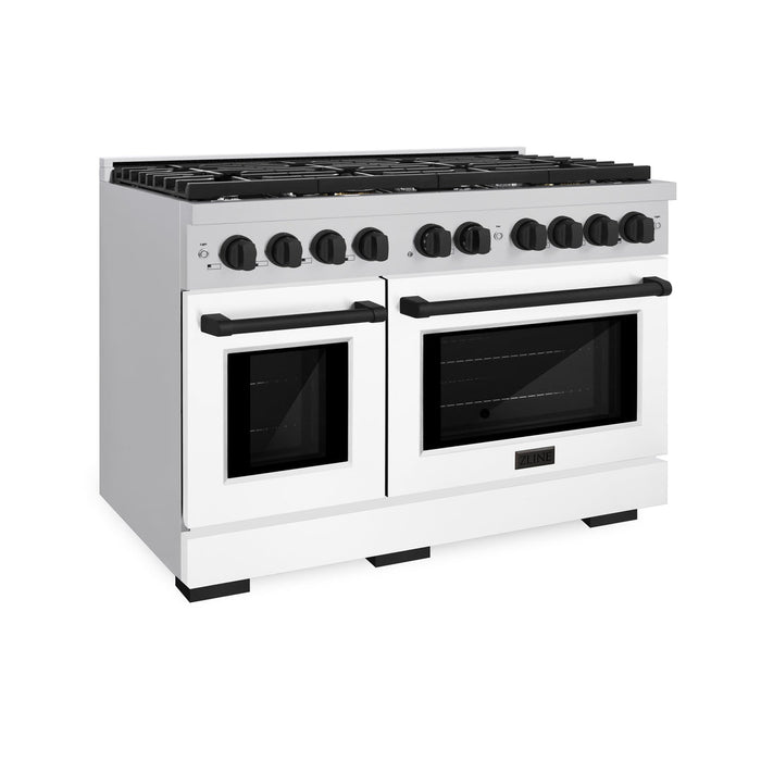 ZLINE Autograph 48" 6.7 cu. ft. Paramount Double Oven Gas Range in Stainless Steel with White Matte Doors and Matte Black Accents, SGRZ-WM-48-MB