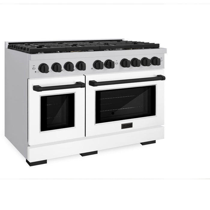 ZLINE Autograph 48" 6.7 cu. ft. Paramount Double Oven Gas Range in Stainless Steel with White Matte Doors and Matte Black Accents, SGRZ-WM-48-MB