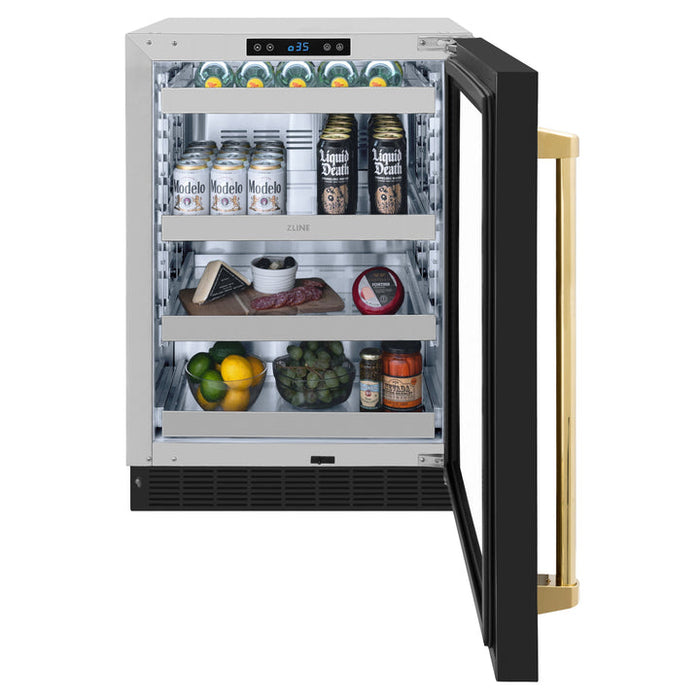 ZLINE Autograph 24" Touchstone 151 Can Beverage Fridge with Black Matte Glass Door and Polished Gold Handle,  RBSOZ-BLM-24-G