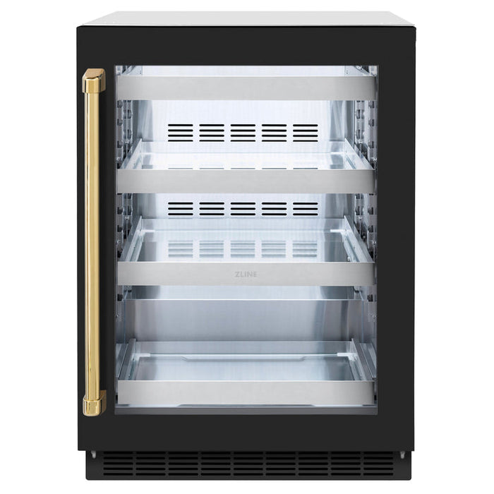 ZLINE Autograph 24" Touchstone 151 Can Beverage Fridge with Black Matte Glass Door and Polished Gold Handle,  RBSOZ-BLM-24-G