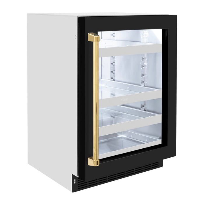 ZLINE Autograph 24" Touchstone 151 Can Beverage Fridge with Black Matte Glass Door and Polished Gold Handle,  RBSOZ-BLM-24-G