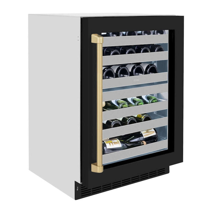 ZLINE Autograph Edition 24 in. Touchstone Dual Zone 44 Bottle Wine Cooler With Black Matte Glass Door And Champagne Bronze Handle (RWDOZ-BLM-24-CB)