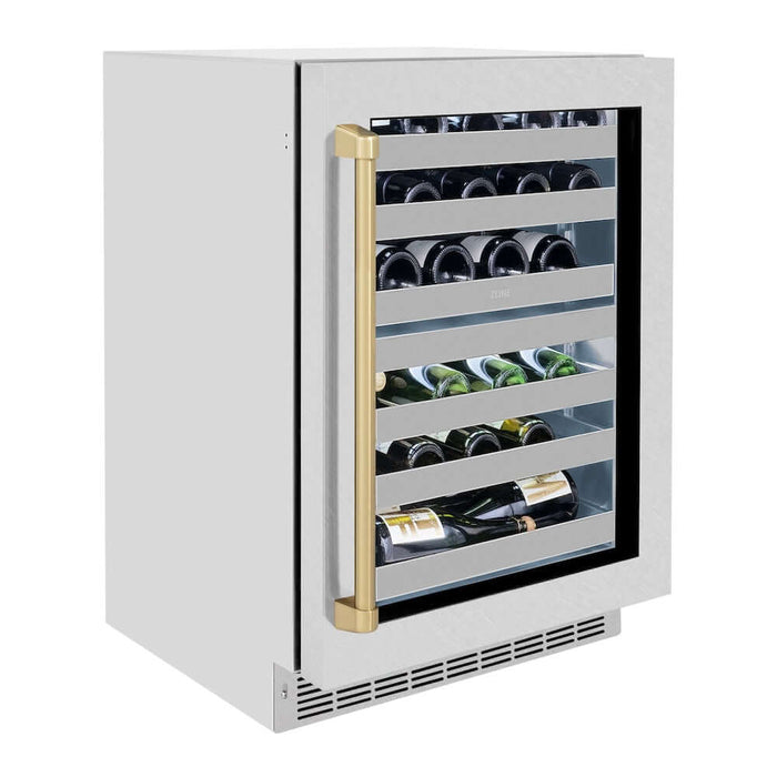 ZLINE Autograph Edition 24 in. Touchstone Dual Zone 44 Bottle Wine Cooler With DuraSnow® Stainless Steel Glass Door And Champagne Bronze Handle (RWDOZ-SN-24-CB)