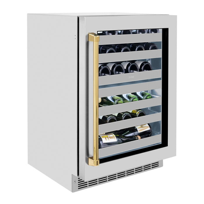 ZLINE Autograph 24" Touchstone Dual Zone 44 Bottle Wine Cooler with Stainless Steel Glass Door and Polished Gold Handle,  RWDOZ-GS-24-G