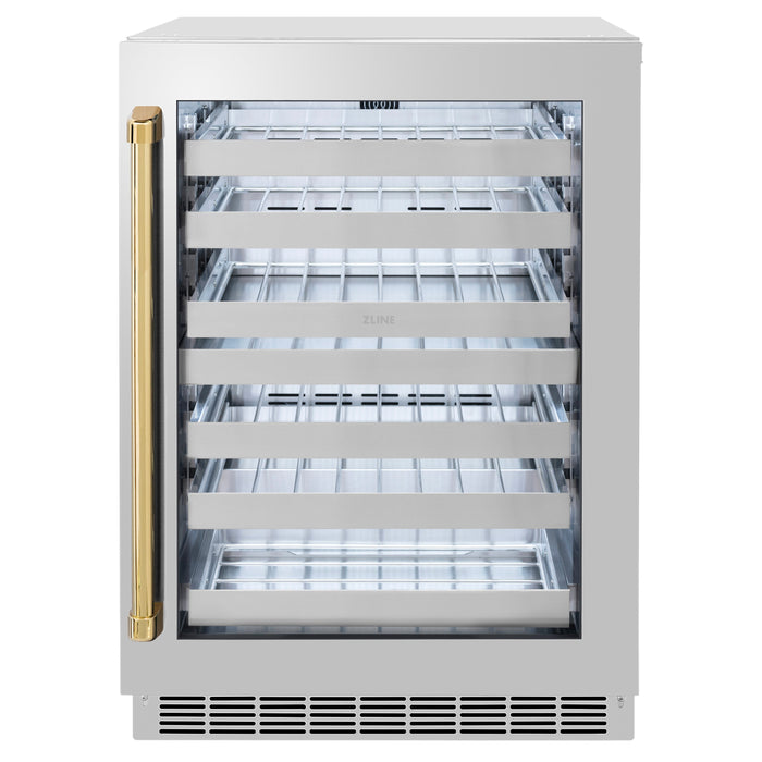 ZLINE Autograph 24" Touchstone Dual Zone 44 Bottle Wine Cooler with Stainless Steel Glass Door and Polished Gold Handle,  RWDOZ-GS-24-G