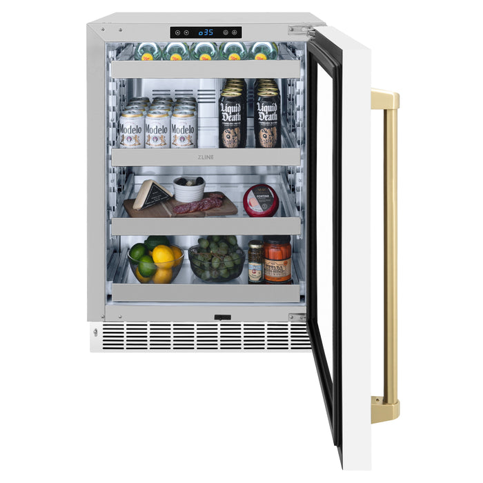 ZLINE Autograph 24" Touchstone Dual Zone 44 Bottle Wine Cooler with White Matte Glass Door and Champagne Bronze Handle, RWDOZ-WM-24-CB