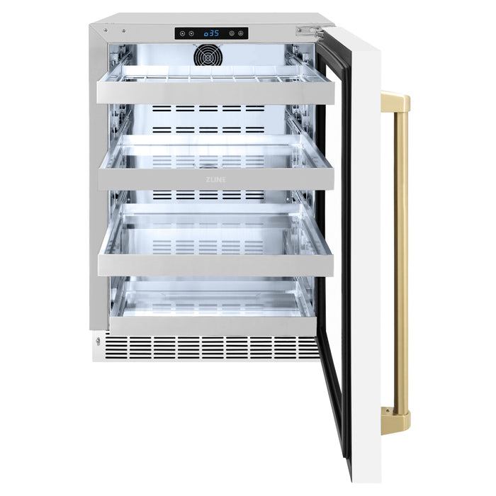 ZLINE Autograph 24" Touchstone Dual Zone 44 Bottle Wine Cooler with White Matte Glass Door and Champagne Bronze Handle, RWDOZ-WM-24-CB