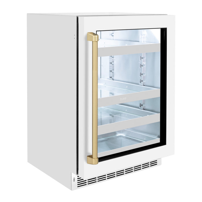 ZLINE Autograph 24" Touchstone Dual Zone 44 Bottle Wine Cooler with White Matte Glass Door and Champagne Bronze Handle, RWDOZ-WM-24-CB