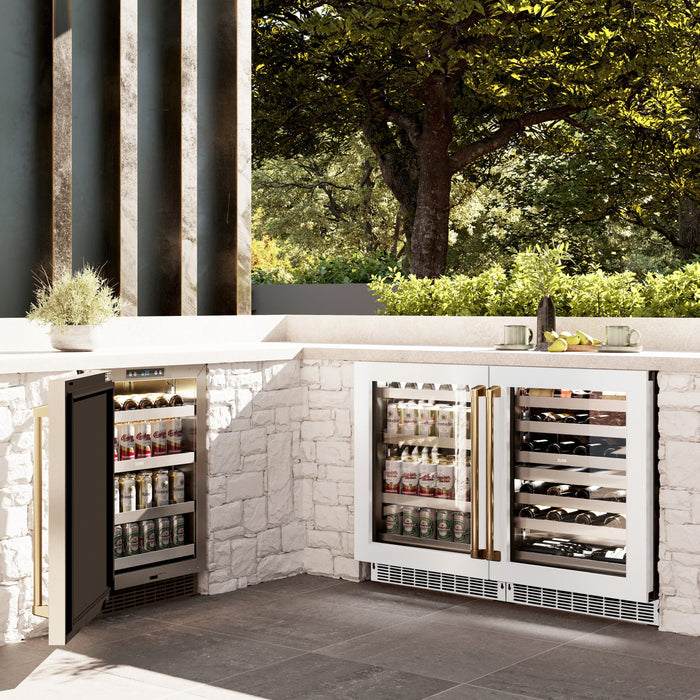 ZLINE Autograph 24" Touchstone Dual Zone 44 Bottle Wine Cooler with White Matte Glass Door and Polished Gold Handle, RWDOZ-WM-24-G