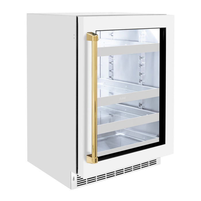 ZLINE Autograph 24" Touchstone Dual Zone 44 Bottle Wine Cooler with White Matte Glass Door and Polished Gold Handle, RWDOZ-WM-24-G