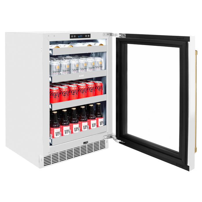 ZLINE Autograph 24" Touchstone Dual Zone 44 Bottle Wine Cooler with White Matte Glass Door and Polished Gold Handle, RWDOZ-WM-24-G