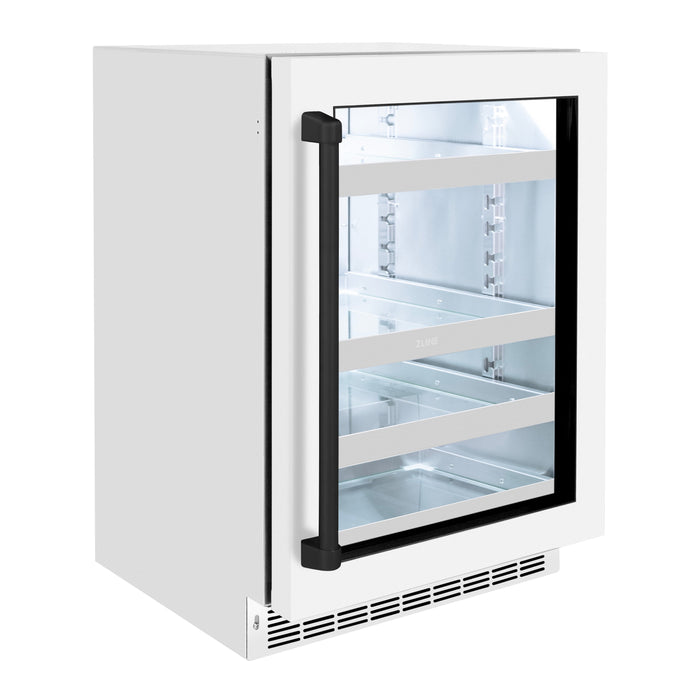 ZLINE Autograph 24" Touchstone 151 Can Beverage Fridge with White Matte Glass Door and Matte Black Handle, RBSOZ-WM-24-MB