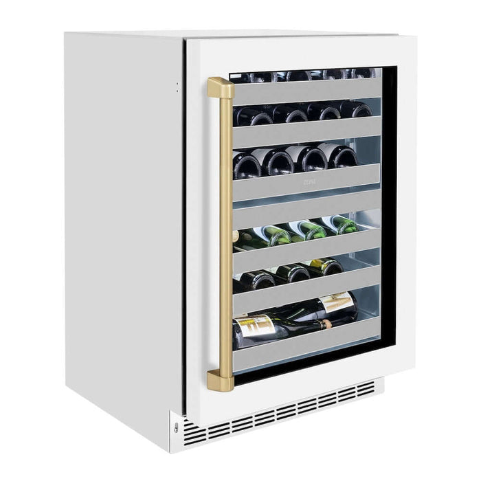 ZLINE Autograph Edition 24 in. Touchstone Dual Zone 44 Bottle Wine Cooler With White Matte Glass Door And Champagne Bronze Handle (RWDOZ-WM-24-CB)