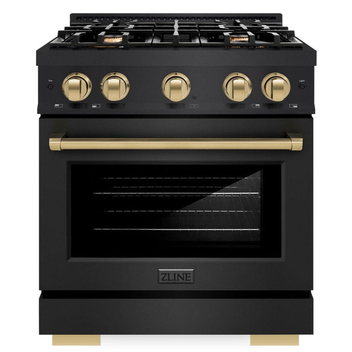 ZLINE Autograph Edition 30" 4.2 cu. ft. Select Dual Fuel Range with 4 Burners in Black Stainless Steel with Champagne Bronze Accents, HDRBZ-30-CB