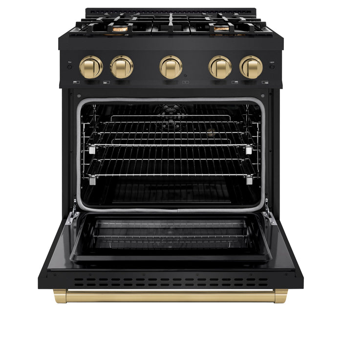 ZLINE Autograph Edition 30" 4.2 cu. ft. Select Dual Fuel Range with 4 Burners in Black Stainless Steel with Champagne Bronze Accents, HDRBZ-30-CB