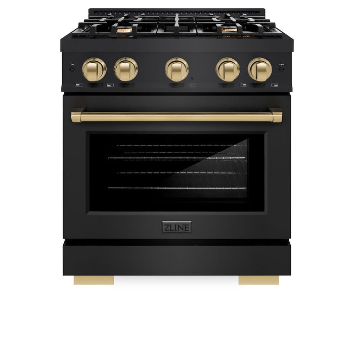 ZLINE Autograph Edition 30 in. 4.2 cu. ft. Select Dual Fuel Range with 4 Burner Gas Cooktop and Electric Convection Oven in Black Stainless Steel with Champagne Bronze Accents (HDRBZ-30-CB)