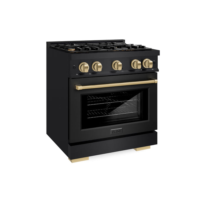 ZLINE Autograph Edition 30" 4.2 cu. ft. Select Dual Fuel Range with 4 Burners in Black Stainless Steel with Champagne Bronze Accents, HDRBZ-30-CB