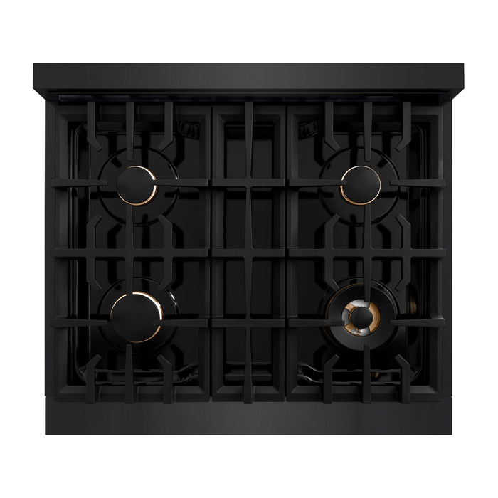 ZLINE Autograph Edition 30" 4.2 cu. ft. Select Dual Fuel Range with 4 Burners in Black Stainless Steel with Champagne Bronze Accents, HDRBZ-30-CB