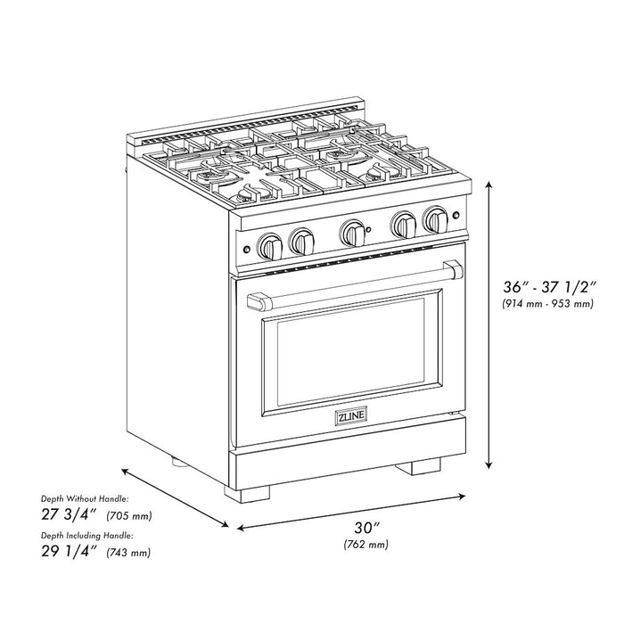 ZLINE Autograph Edition 30 in. 4.2 cu. ft. Select Dual Fuel Range with 4 Burner Gas Cooktop and Electric Convection Oven in Black Stainless Steel with Polished Gold Accents (HDRBZ-30-G)