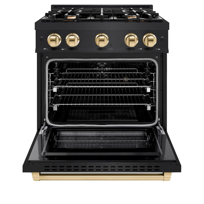 ZLINE Autograph Edition 30 in. 4.2 cu. ft. Select Dual Fuel Range with 4 Burner Gas Cooktop and Electric Convection Oven in Black Stainless Steel with Polished Gold Accents (HDRBZ-30-G)