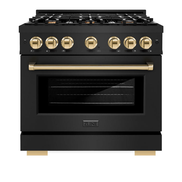 ZLINE Autograph Edition 36 in. 5.2 cu. ft. Select Dual Fuel Range with 6 Burner Gas Cooktop and Electric Convection Oven in Black Stainless Steel with Polished Gold Accents (HDRBZ-36-G)