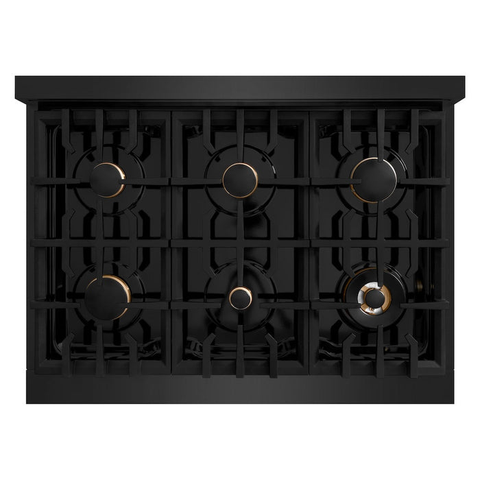 ZLINE Autograph Edition 36 in. 5.2 cu. ft. Select Dual Fuel Range with 6 Burner Gas Cooktop and Electric Convection Oven in Black Stainless Steel with Polished Gold Accents (HDRBZ-36-G)