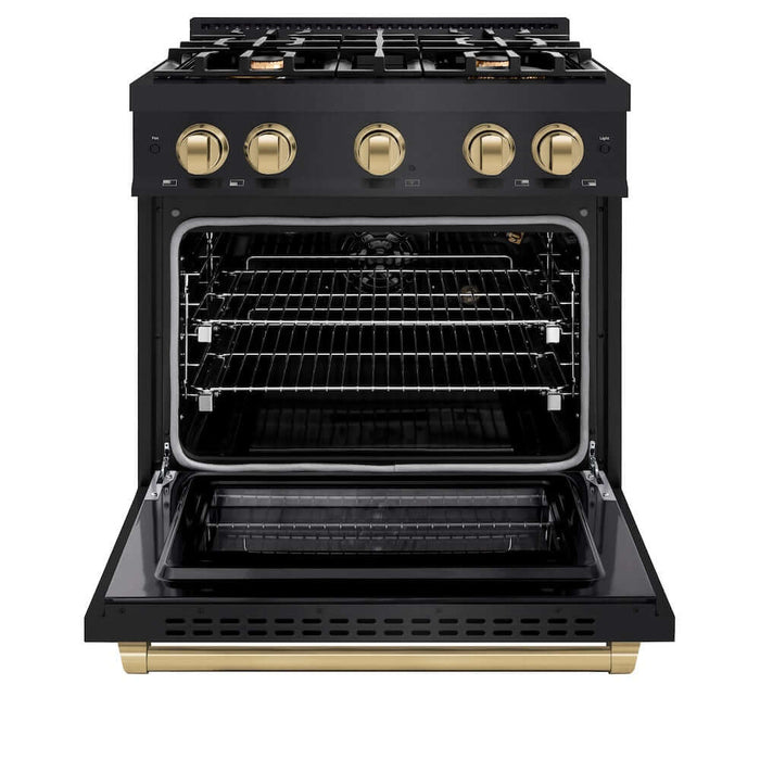 ZLINE Autograph Edition 30 in. 4.2 cu. ft. Select Gas Range with 4 Burner Cooktop and Convection Gas Oven in Black Stainless Steel and Champagne Bronze Accents (HGRBZ-30-CB)