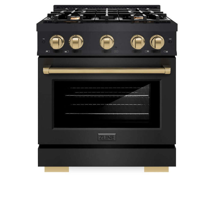 ZLINE Autograph Edition 30 in. 4.2 cu. ft. Select Gas Range with 4 Burner Cooktop and Convection Gas Oven in Black Stainless Steel and Champagne Bronze Accents (HGRBZ-30-CB)