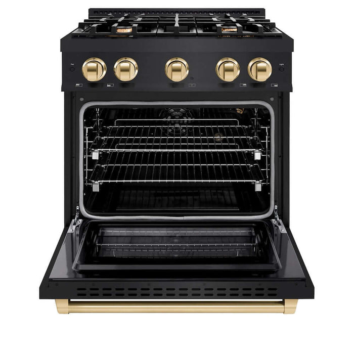 ZLINE Autograph Edition 30 in. 4.2 cu. ft. Select Gas Range with 4 Burner Cooktop and Convection Gas Oven in Black Stainless Steel and Polished Gold Accents (HGRBZ-30-G)