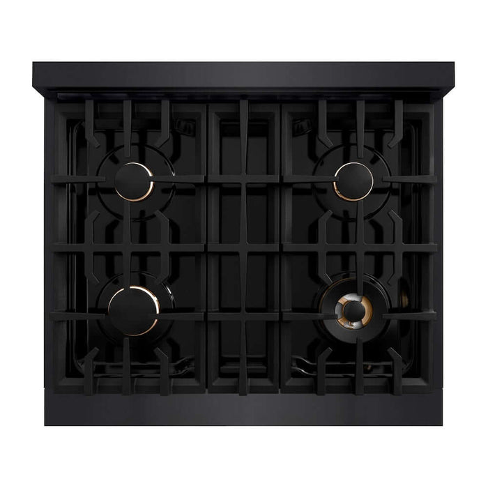 ZLINE Autograph Edition 30 in. 4.2 cu. ft. Select Gas Range with 4 Burner Cooktop and Convection Gas Oven in Black Stainless Steel and Polished Gold Accents (HGRBZ-30-G)