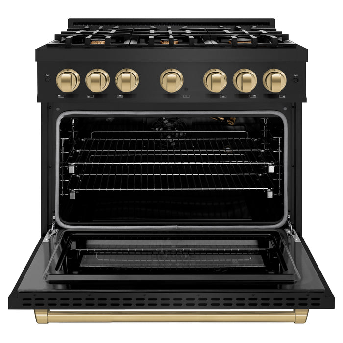 ZLINE Autograph Edition 36" 5.2 cu. ft. Select Gas Range with 6 Burners in Black Stainless Steel and Champagne Bronze Accents, HGRBZ-36-CB