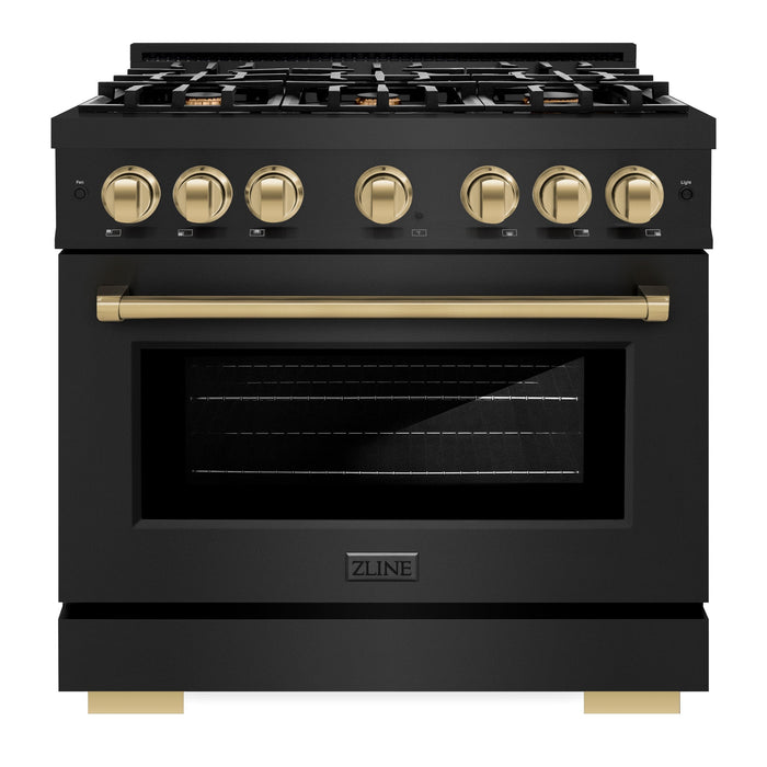 ZLINE Autograph Edition 36" 5.2 cu. ft. Select Gas Range with 6 Burners in Black Stainless Steel and Champagne Bronze Accents, HGRBZ-36-CB