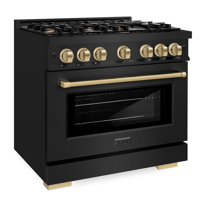 ZLINE Autograph Edition 36" 5.2 cu. ft. Select Gas Range with 6 Burners in Black Stainless Steel and Champagne Bronze Accents, HGRBZ-36-CB