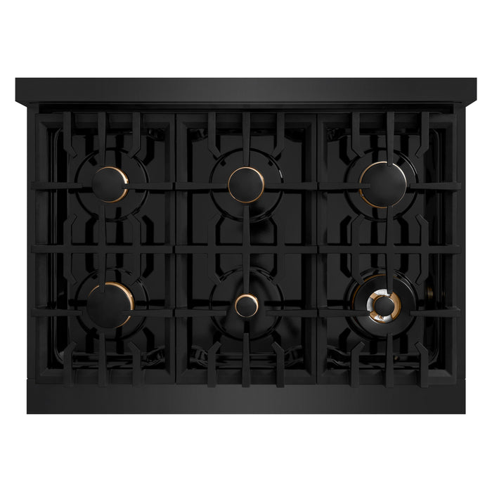 ZLINE Autograph Edition 36" 5.2 cu. ft. Select Gas Range with 6 Burners in Black Stainless Steel and Champagne Bronze Accents, HGRBZ-36-CB