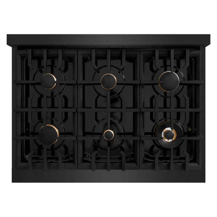 ZLINE Autograph Edition 36 in. 5.2 cu. ft. Select Gas Range with 6 Burner Cooktop and Convection Gas Oven in Black Stainless Steel and Champagne Bronze Accents (HGRBZ-36-CB)