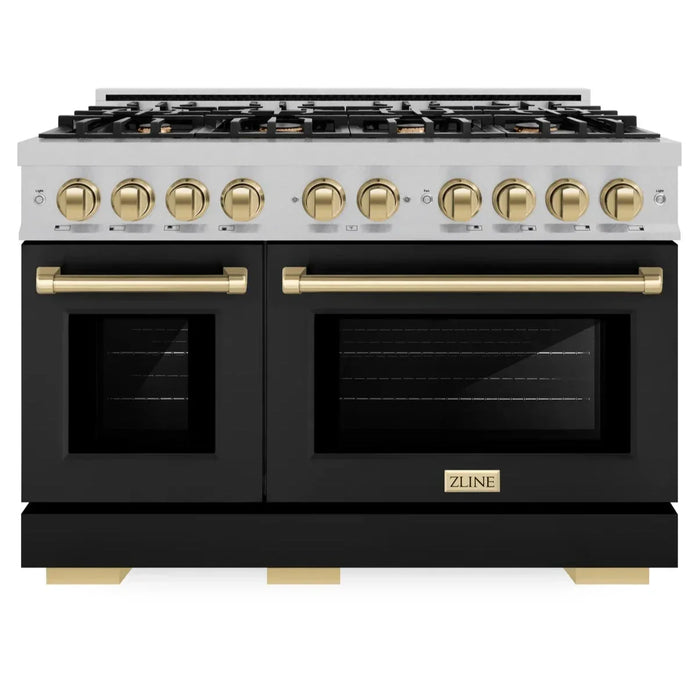 ZLINE Autograph Edition 48" 6.7 cu. ft. Select Double Oven Gas Range with 8 Burners in DuraSnow® Stainless Steel with Black Matte Doors and Champagne Bronze Accents, HGRSZ-BLM-48-CB