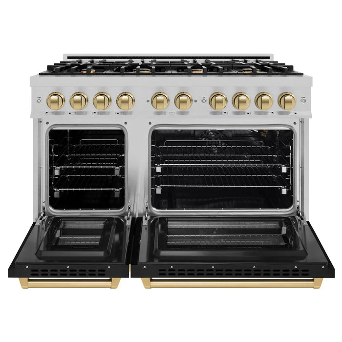 ZLINE Autograph Edition 48" 6.7 cu. ft. Select Double Oven Gas Range with 8 Burners in DuraSnow® Stainless Steel with Black Matte Doors and Champagne Bronze Accents, HGRSZ-BLM-48-CB