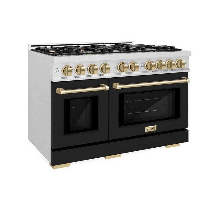 ZLINE Autograph Edition 48" 6.7 cu. ft. Select Double Oven Gas Range with 8 Burners in DuraSnow® Stainless Steel with Black Matte Doors and Champagne Bronze Accents, HGRSZ-BLM-48-CB