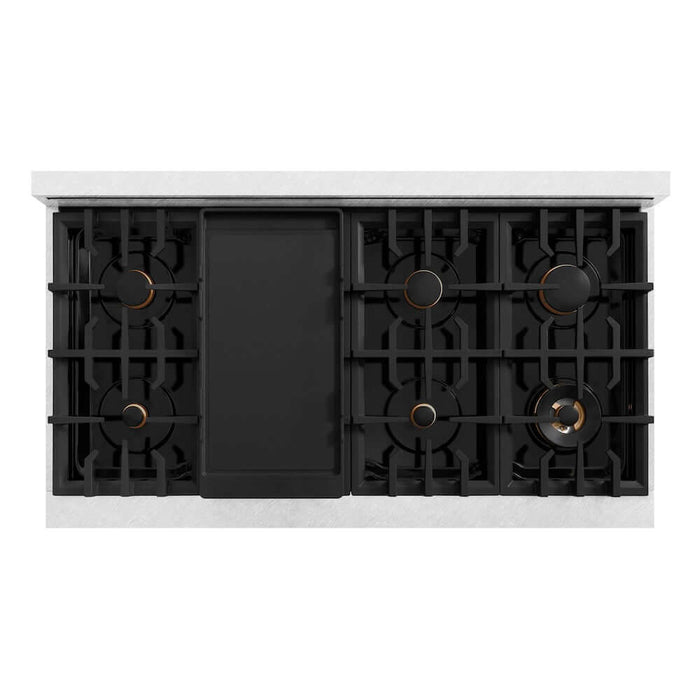 ZLINE Autograph Edition 48 in. 6.7 cu. ft. Select Double Oven Gas Range with 8 Burner Cooktop in DuraSnow® Stainless Steel with Black Matte Doors and Champagne Bronze Accents (HGRSZ-BLM-48-CB)