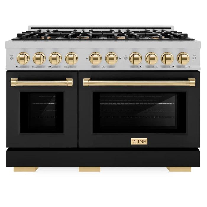 ZLINE Autograph Edition 48" 6.7 cu. ft. Select Double Oven Gas Range with 8 Burners in DuraSnow® Stainless Steel with Black Matte Doors and Polished Gold Accents, HGRSZ-BLM-48-G