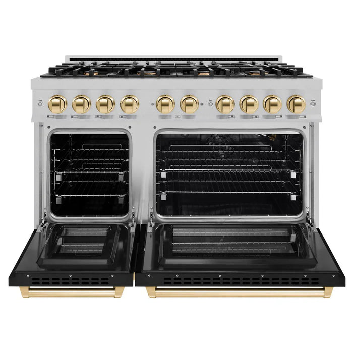 ZLINE Autograph Edition 48" 6.7 cu. ft. Select Double Oven Gas Range with 8 Burners in DuraSnow® Stainless Steel with Black Matte Doors and Polished Gold Accents, HGRSZ-BLM-48-G