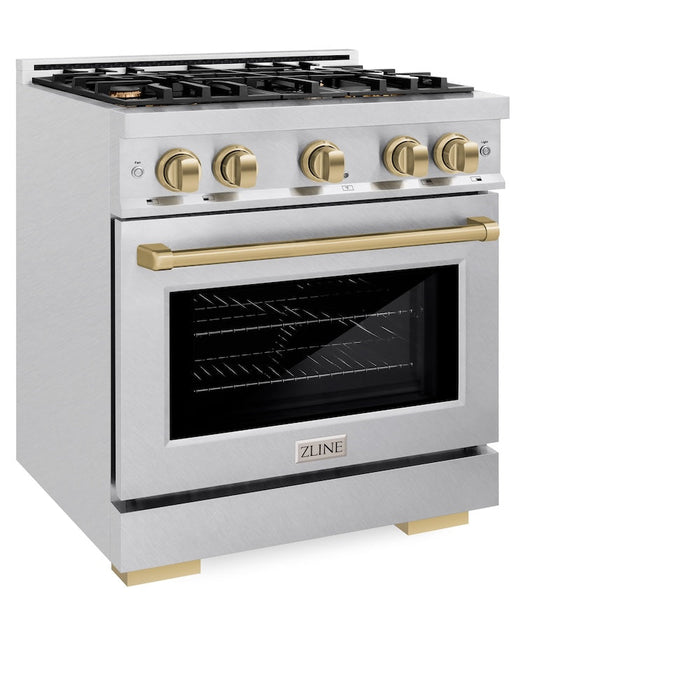 ZLINE Autograph Edition 30 in. 4.2 cu. ft. Select Dual Fuel Range with 4 Burner Gas Cooktop and Electric Convection Oven in DuraSnow® Stainless Steel with Champagne Bronze Accents (HDRSZ-30-CB)