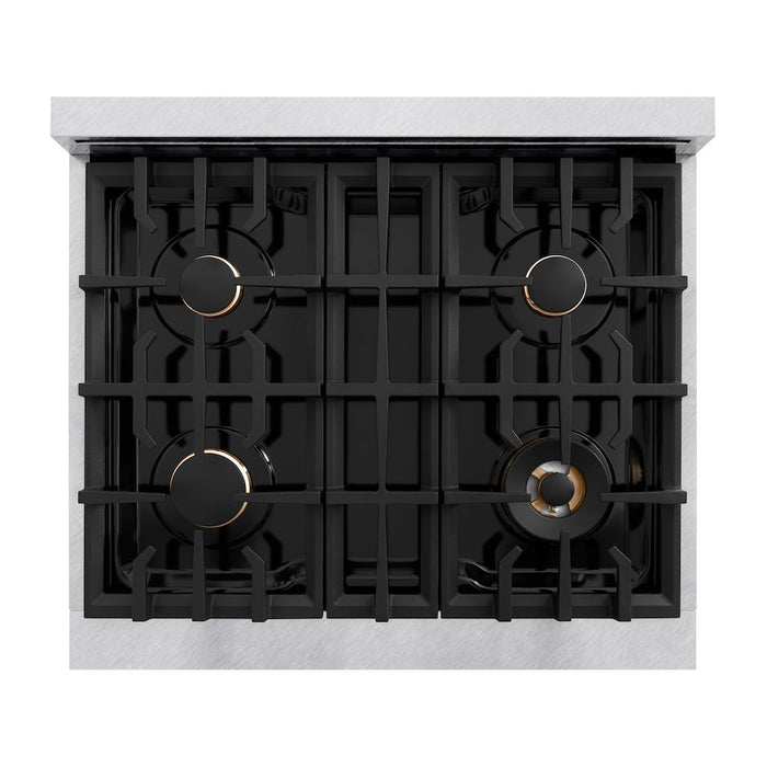 ZLINE Autograph Edition 30 in. 4.2 cu. ft. Select Dual Fuel Range with 4 Burner Gas Cooktop and Electric Convection Oven in DuraSnow® Stainless Steel with Champagne Bronze Accents (HDRSZ-30-CB)